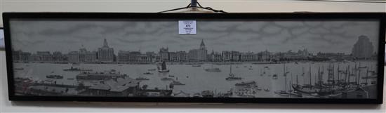 A Chinese machine embroidered silk picture of the river front of Shanghai, 1930s, 18.5 x 84cm., framed and glazed